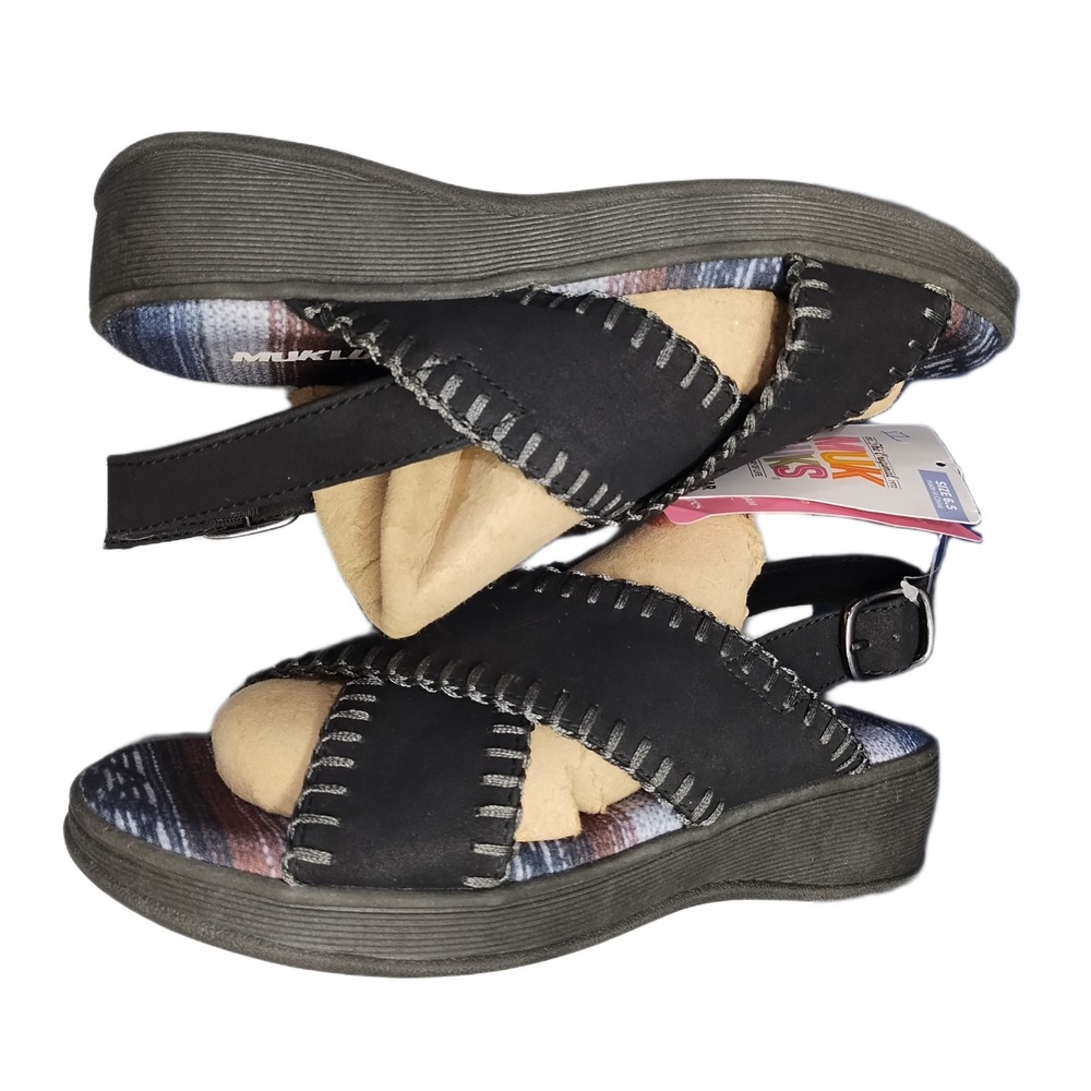 Muk Luks City Highrise Strappy Sandals Womens 6.5 Black Faux Suede Buckle Strap